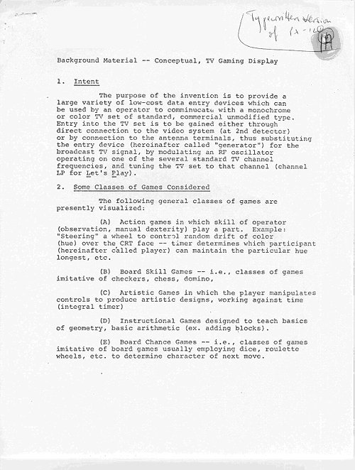 Ralph Baer, The Father of the Video Game - Original Video Game concept - Typed pg 1